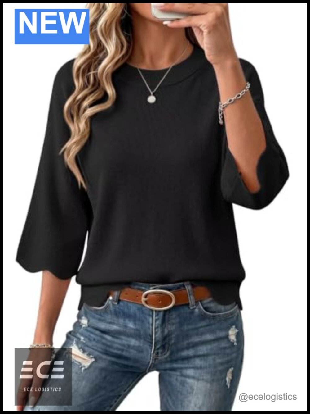 Oversized 3/4 Sleeve Crewneck Scalloped Hem Knit Sweater Top